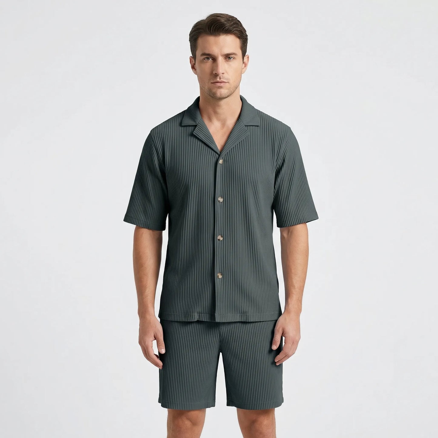 Corduvet - Ribbed Texture Matching Short Set  Beach Casual Outings