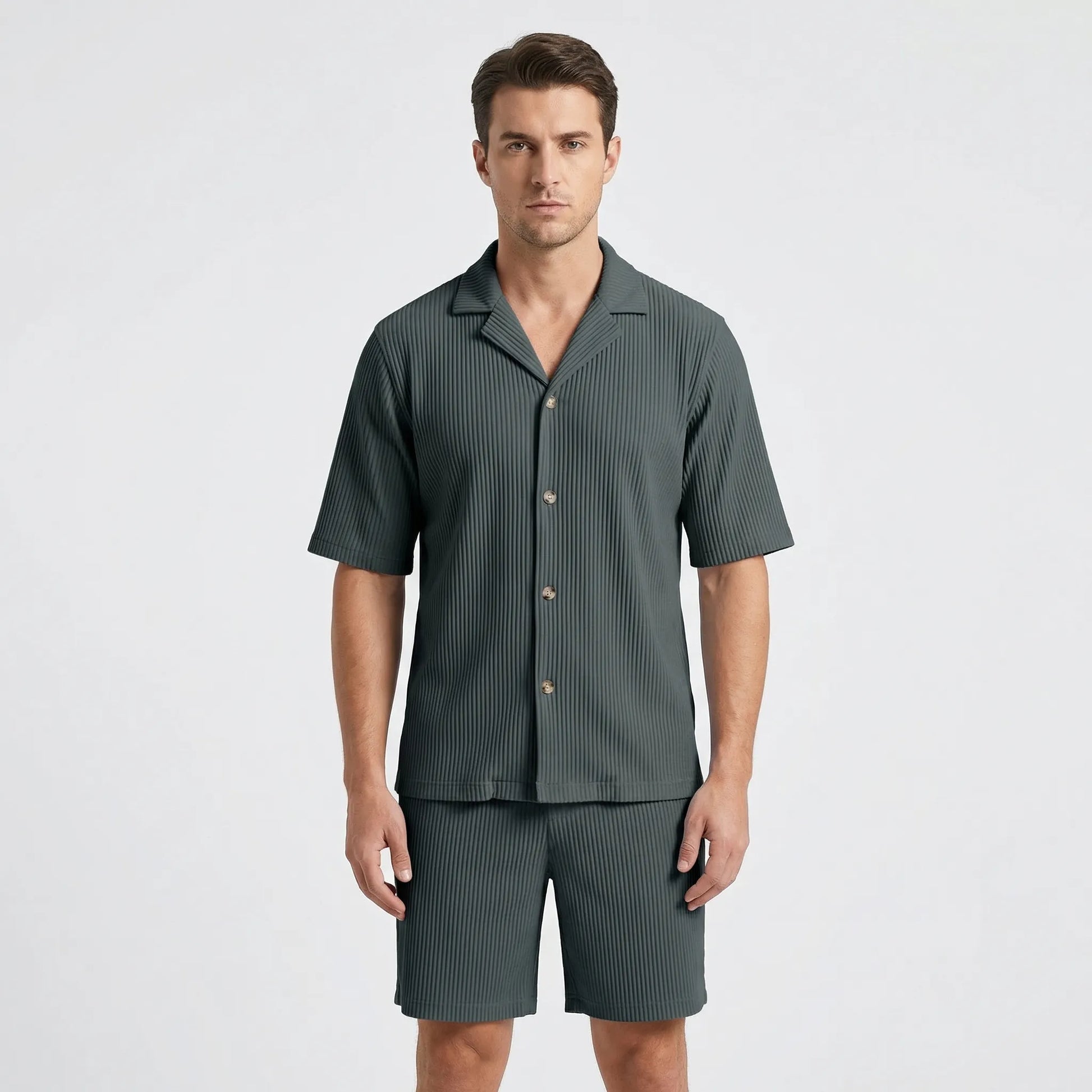 Corduvet - Ribbed Texture Matching Short Set  Beach Casual Outings