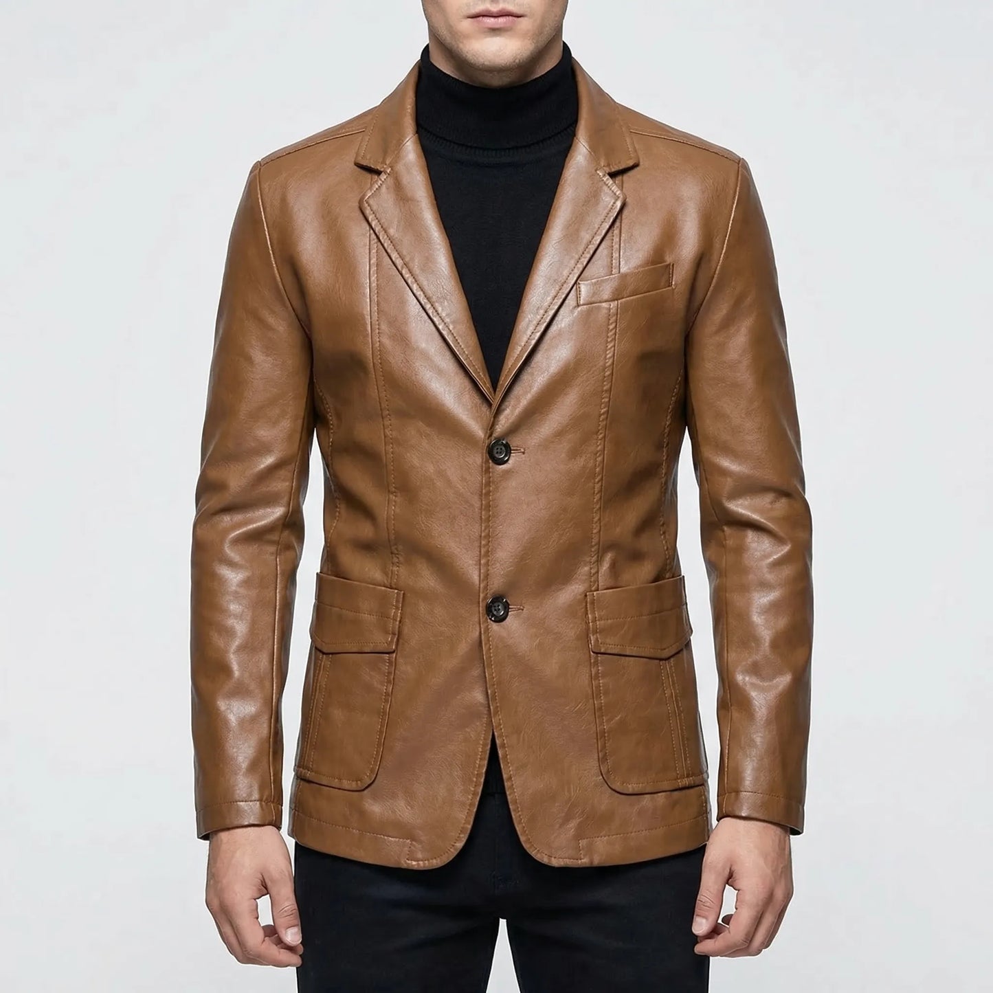 Covrux - Suit Collar Faux Leather Jacket  Smart Casual Dressing