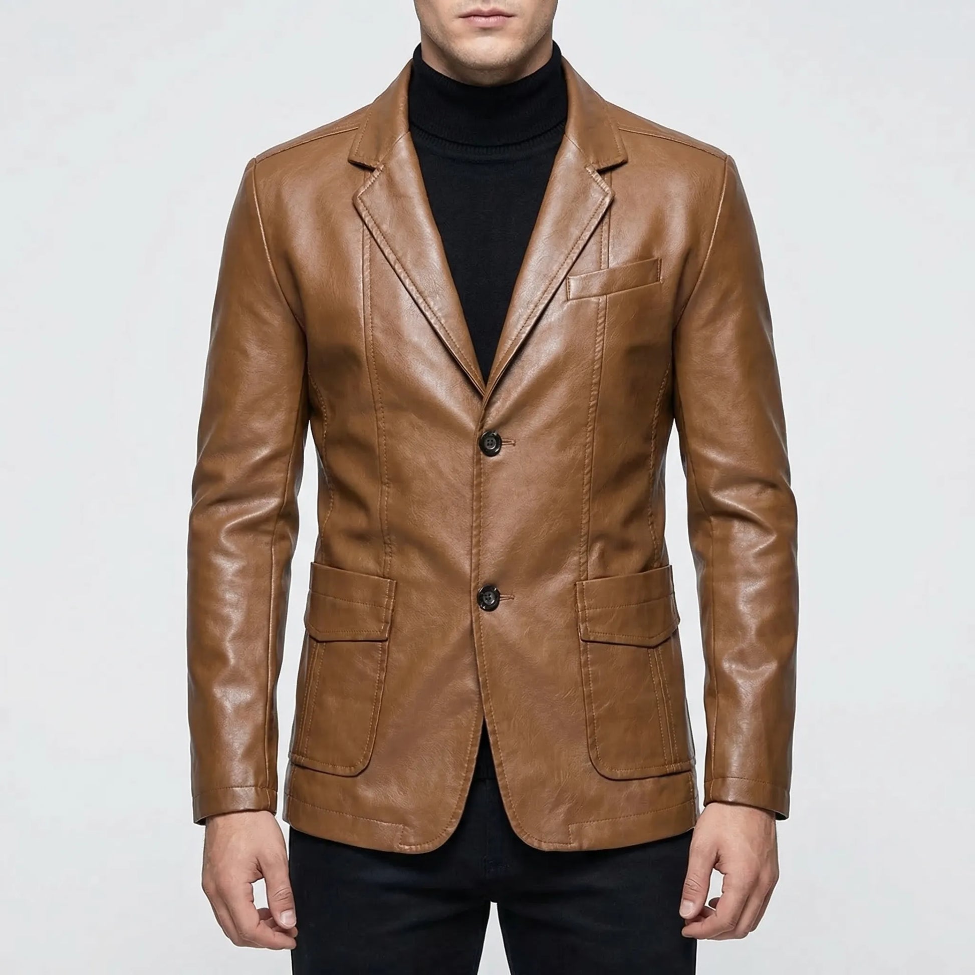 Covrux - Suit Collar Faux Leather Jacket  Smart Casual Dressing