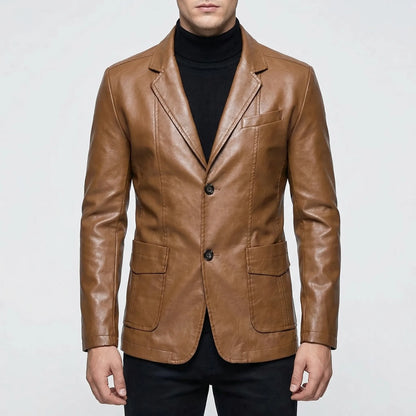 Covrux - Suit Collar Faux Leather Jacket  Smart Casual Dressing