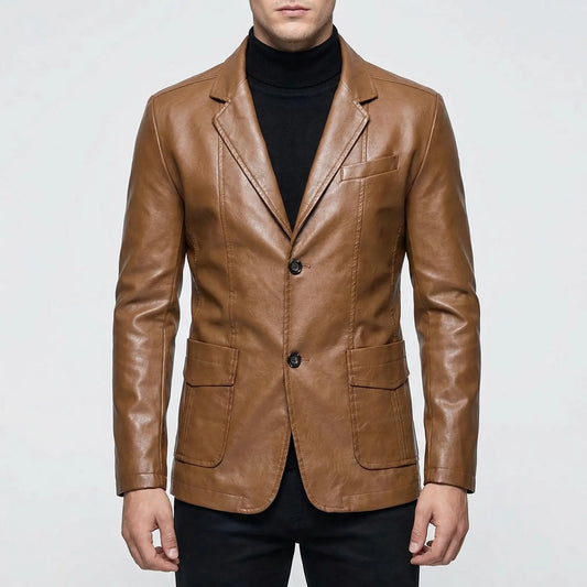 Covrux - Suit Collar Faux Leather Jacket  Smart Casual Dressing