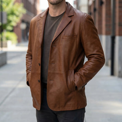 Covrux - Suit Collar Faux Leather Jacket  Smart Casual Dressing