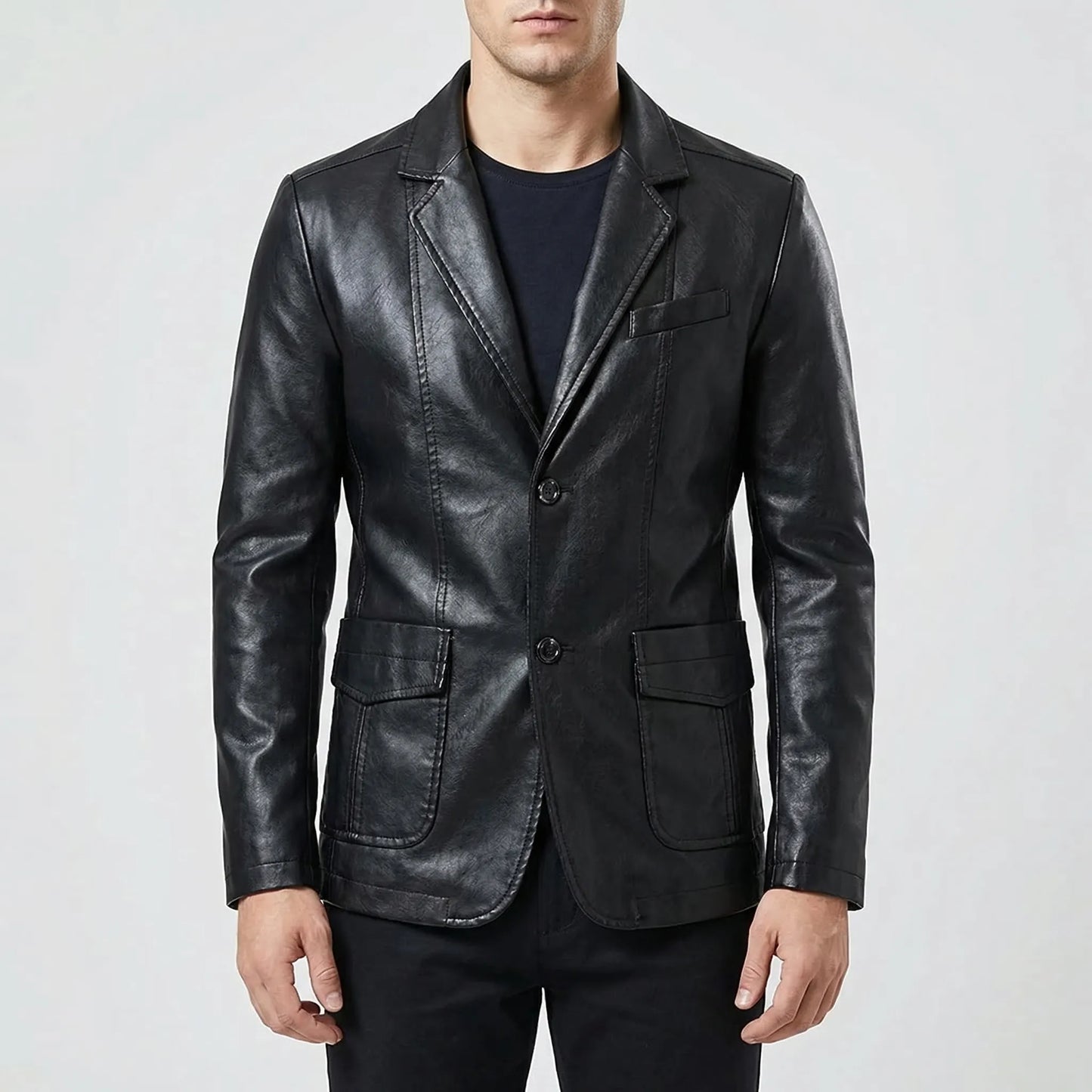 Covrux - Suit Collar Faux Leather Jacket  Smart Casual Dressing