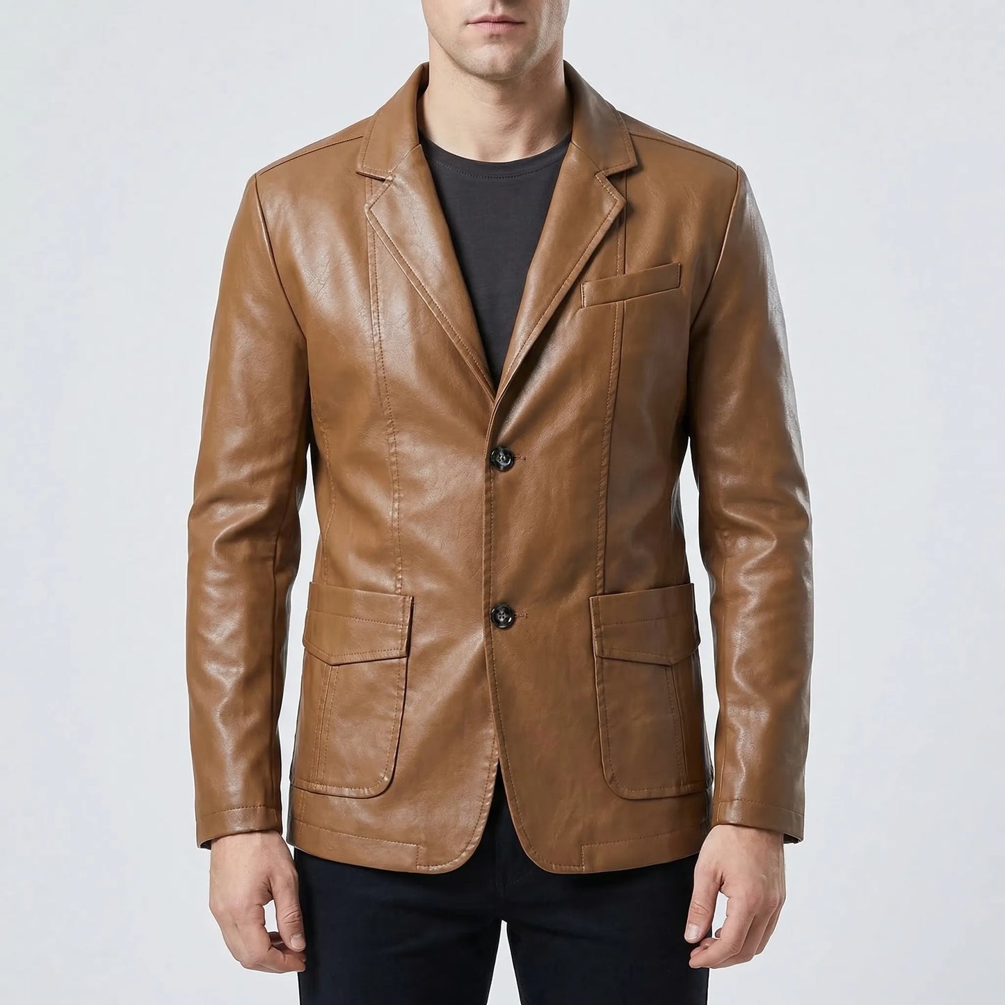 Covrux - Suit Collar Faux Leather Jacket  Smart Casual Dressing
