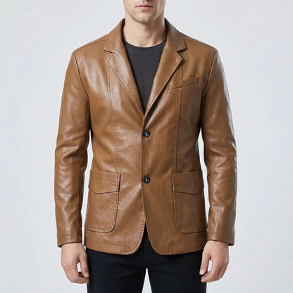 Covrux - Suit Collar Faux Leather Jacket  Smart Casual Dressing