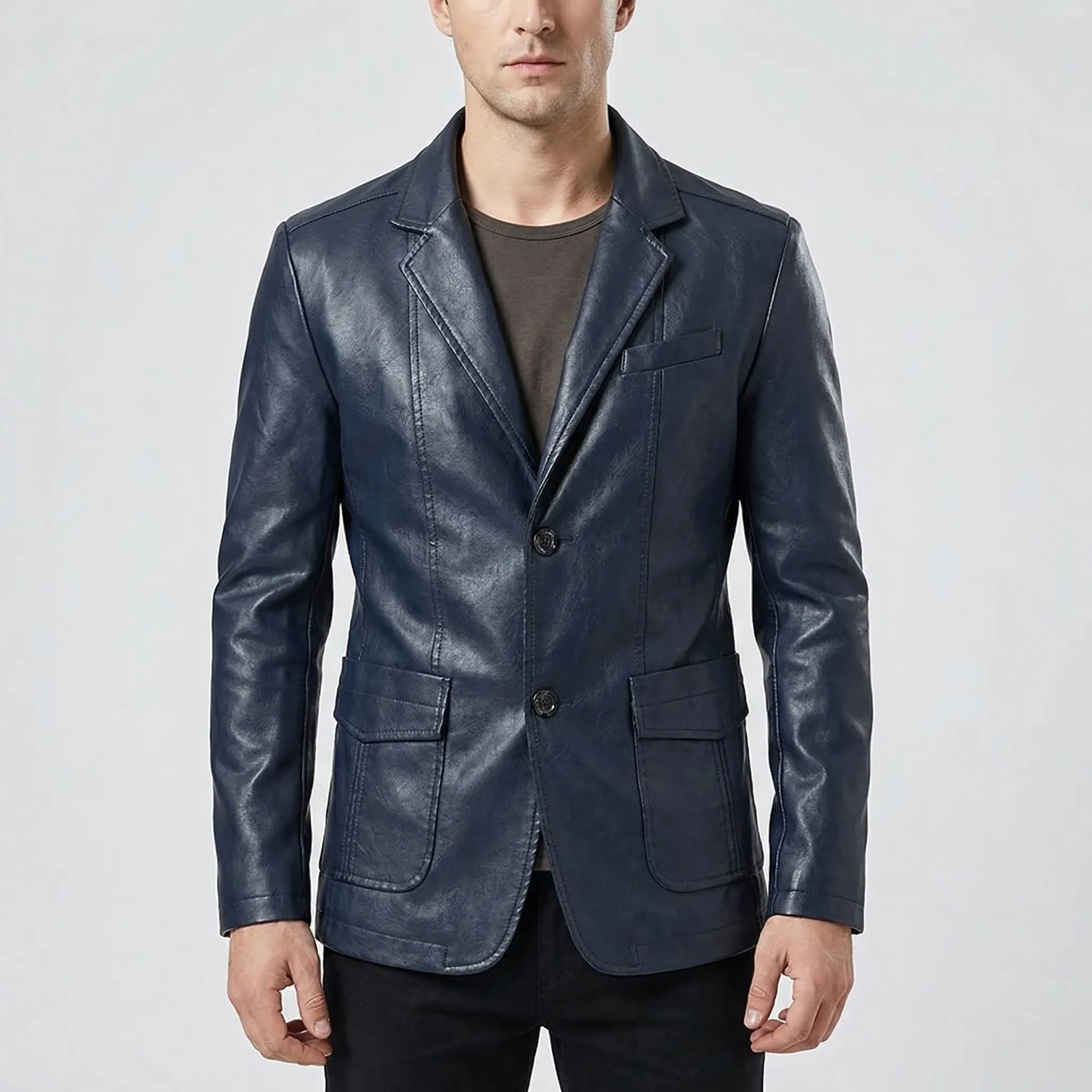 Covrux - Suit Collar Faux Leather Jacket  Smart Casual Dressing