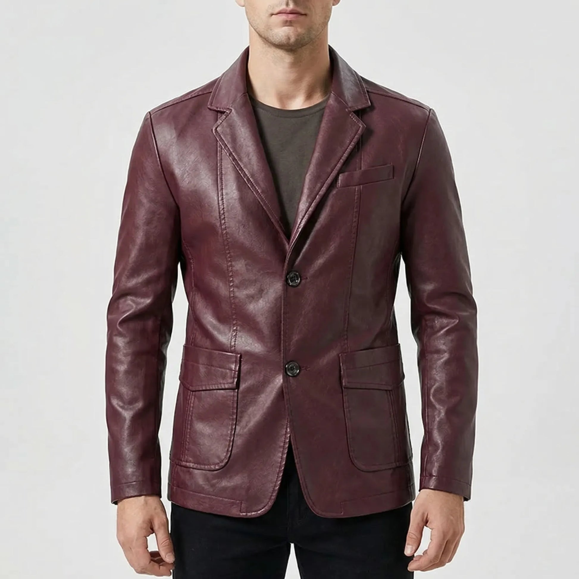 Covrux - Suit Collar Faux Leather Jacket  Smart Casual Dressing