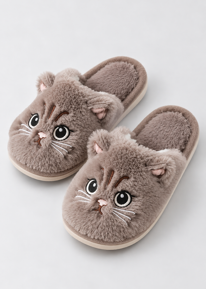 Women's Plush Cat Slippers | Polyester Upper | Non Slip EVA Sole | Flat Heel | Steven & Levon