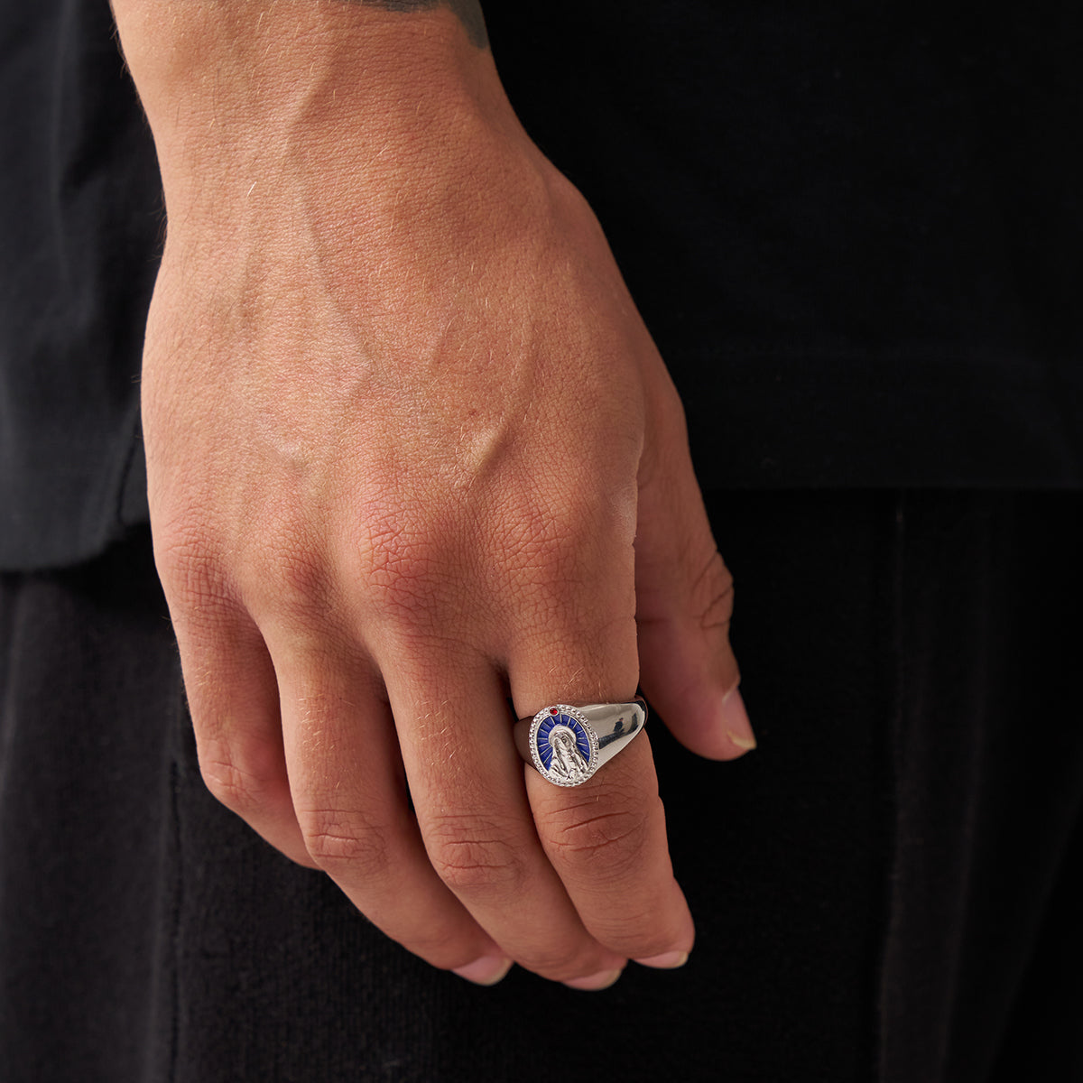 Virgin Mary Ring | Gold or Silver | Unisex | Stainless Steel | Blue Enamel | Signet | Steven & Levon