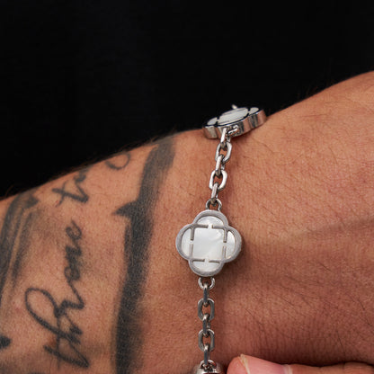 White Clover Stone Bracelet | Men | Stainless Steel | Silver & Gold | Clover Design | Steven & Levon