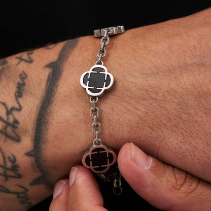 Clover Onyx Bracelet | Men | Stainless Steel | Silver & Gold | Onyx Stone | Clover Design | Steven & Levon