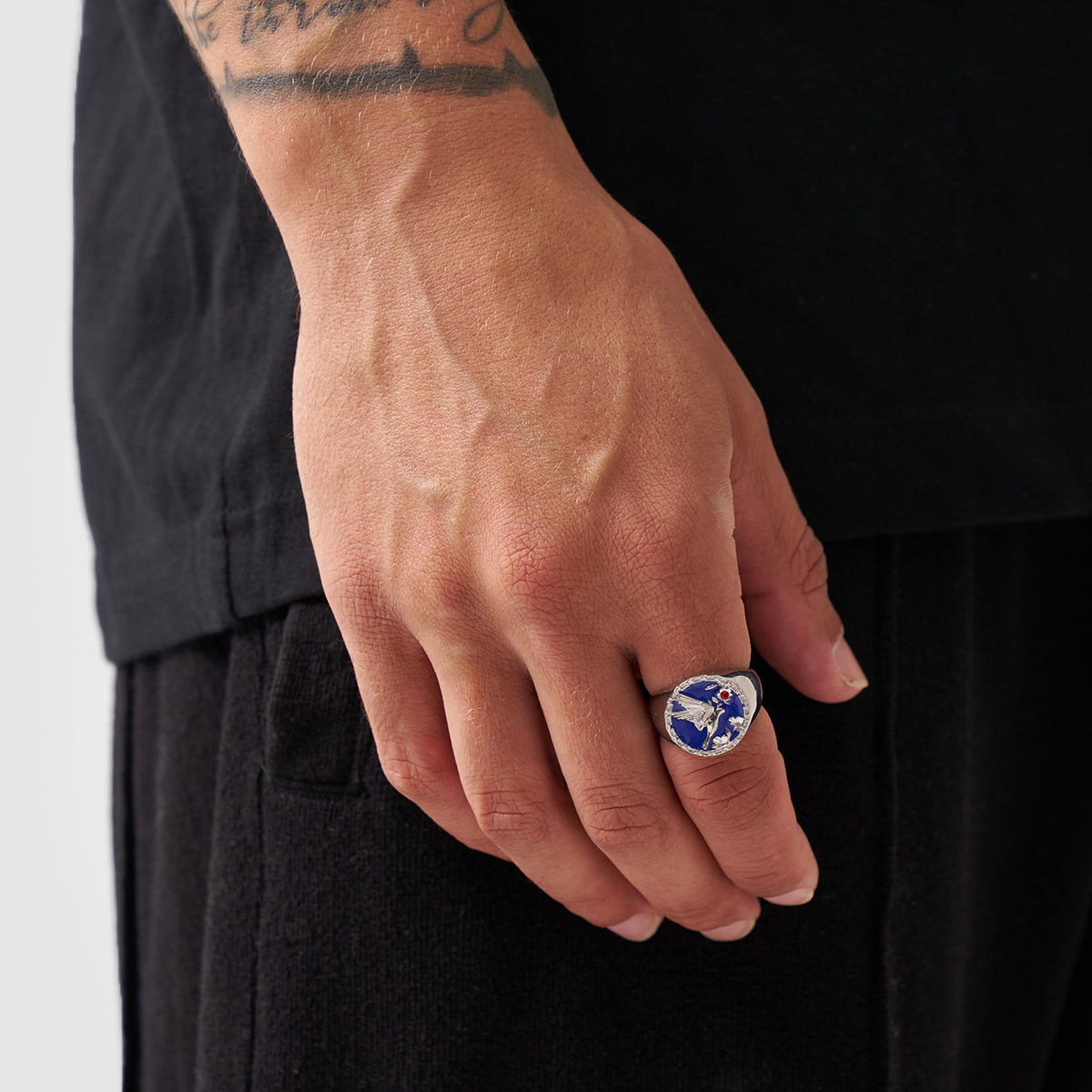 Swallow Signet Ring | Silver | Men | 316L Stainless Steel | Blue Enamel | Steven & Levon