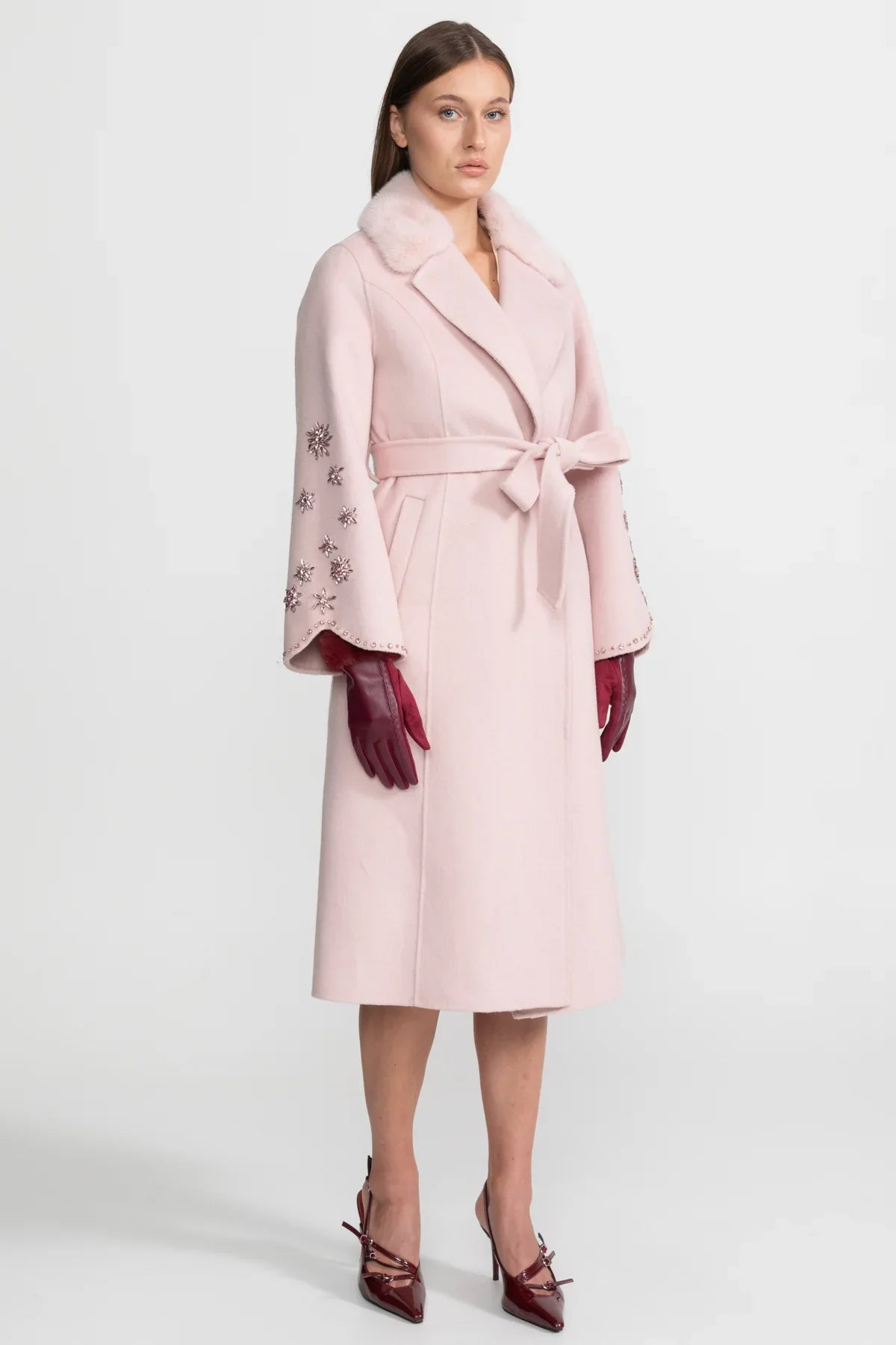 Women's Wool & Cashmere Overcoat | Fox Fur Collar | Crystal Embellished Sleeves, Pink, Belted Wrap Coat | Steven & Levon