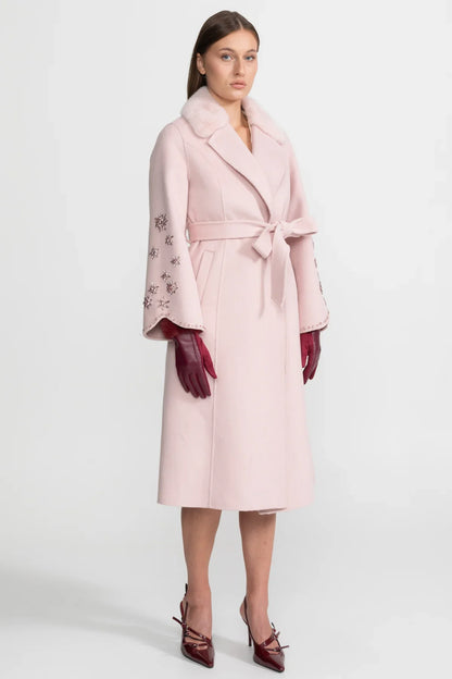 Women's Wool & Cashmere Overcoat | Fox Fur Collar | Crystal Embellished Sleeves, Pink, Belted Wrap Coat | Steven & Levon