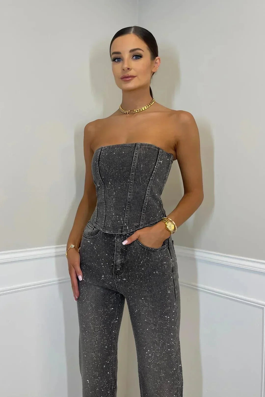 Glitter 2-Piece Jeans Set | Women | Denim | High-Waist Jeans | Sparkle Detail | Steven & Levon