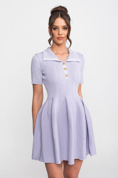 Ribbed Knit Mini Dress | Women | Open Polo Collar | Jewel Buttons | Lilac | Steven & Levon