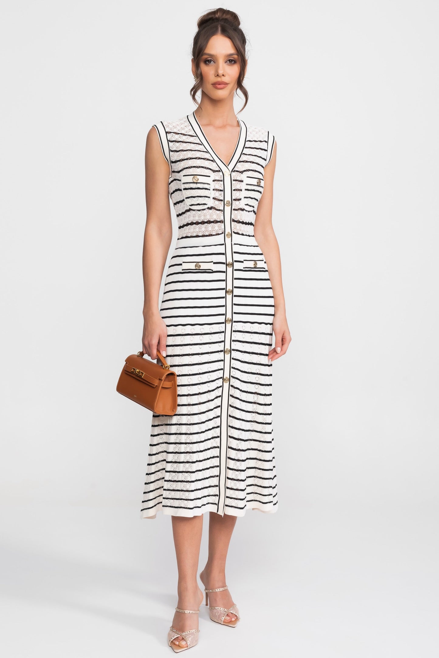 Striped Sleeveless Knit Midi Dress | Women | V-Neck | Gold Buttons | White & Black | Steven & Levon