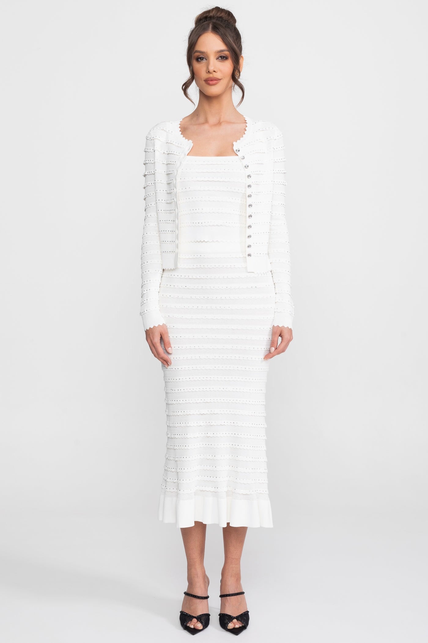 Textured Knit 3-Piece Set | Women | Blazer Top & Midi Skirt | White | Steven & Levon