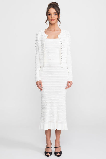 Textured Knit 3-Piece Set | Women | Blazer Top & Midi Skirt | White | Steven & Levon