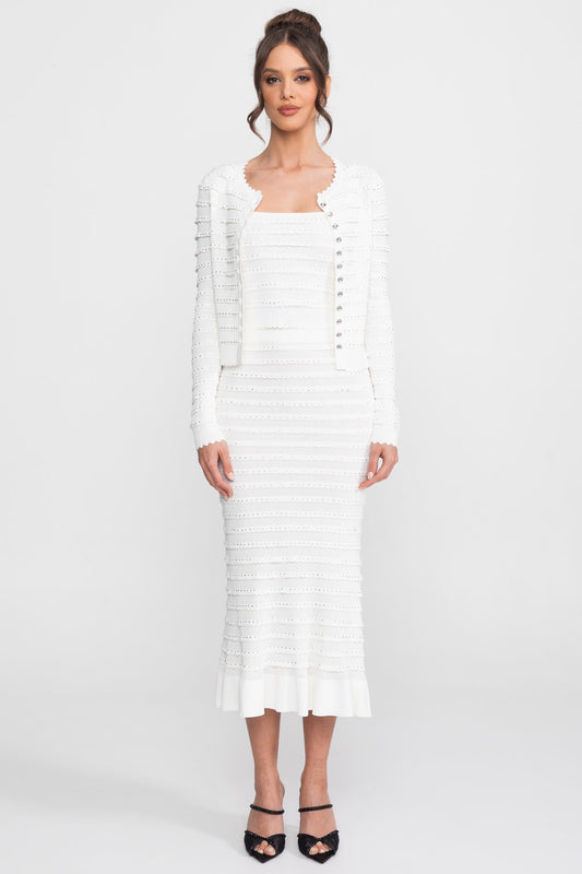 Textured Knit 3-Piece Set | Women | Blazer Top & Midi Skirt | White | Steven & Levon