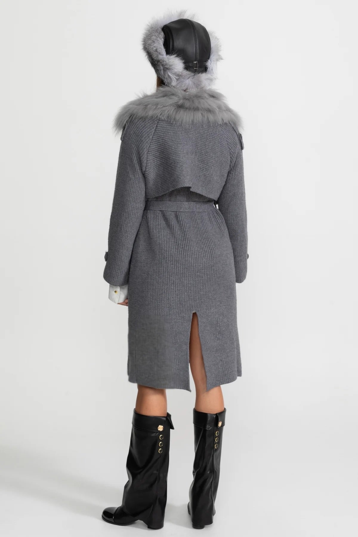 Knit Overcoat | Women | Double-Breasted | Faux Fur Trim | Belted | Grey | Steven & Levon