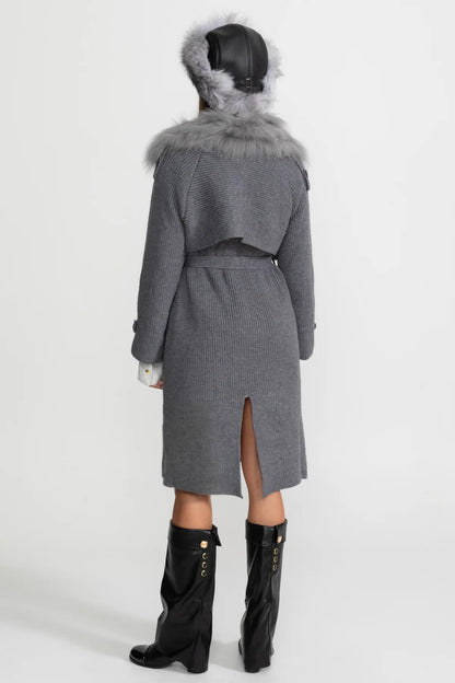 Knit Overcoat | Women | Double-Breasted | Faux Fur Trim | Belted | Grey | Steven & Levon