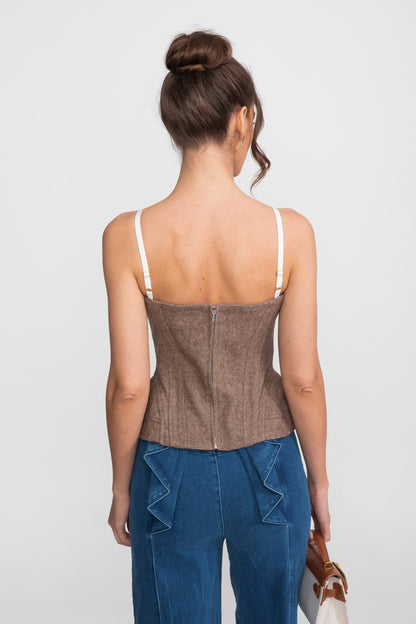 Structured Tweed Corset Top | Women | Lace Straps | Peplum Hem | Brown | Steven & Levon