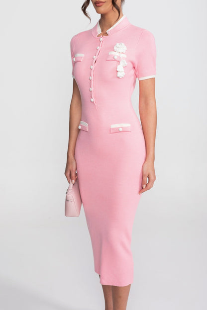 Ribbed Knit Midi Dress | Women | Contrast Trim | Decorative Pockets | Pink | Steven & Levon