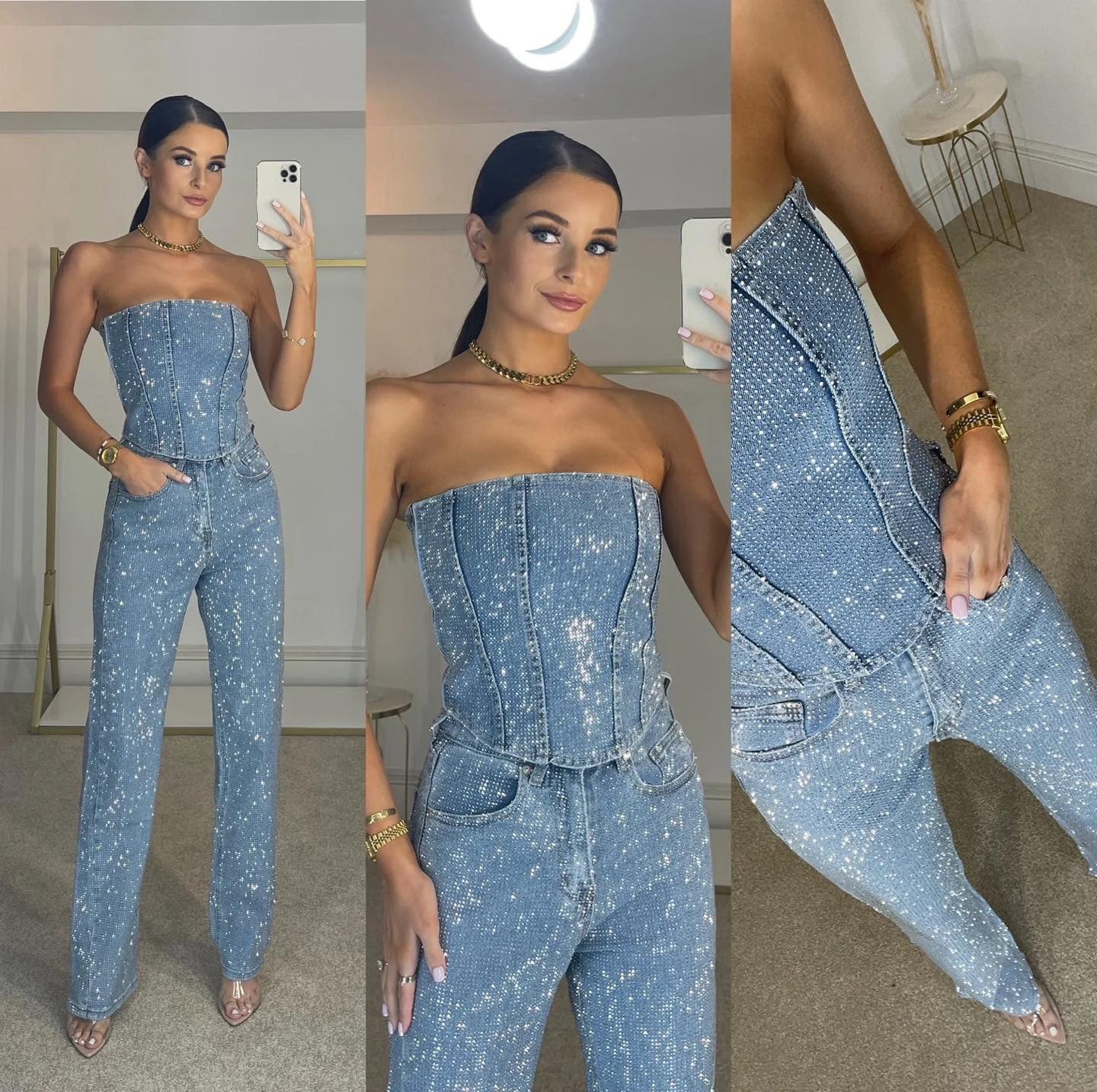 Glitter 2-Piece Jeans Set | Women | Denim | High-Waist Jeans | Sparkle Detail | Steven & Levon