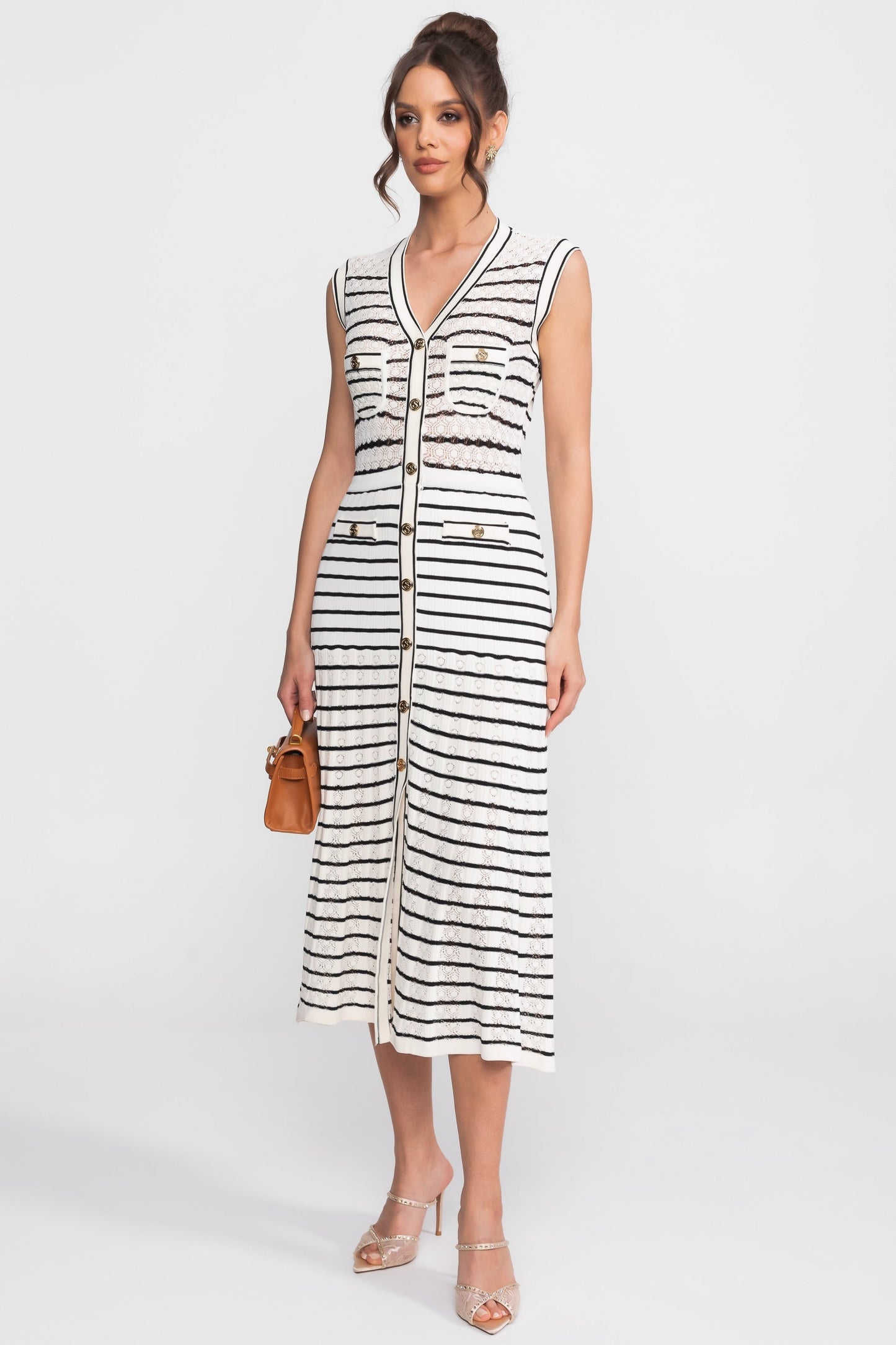 Striped Sleeveless Knit Midi Dress | Women | V-Neck | Gold Buttons | White & Black | Steven & Levon