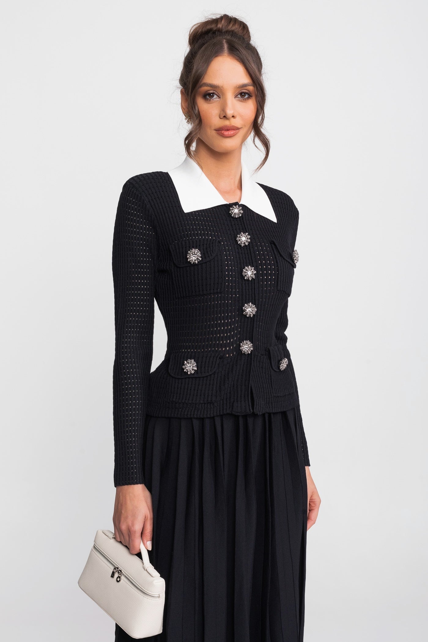 Open Knit Cardigan & Pleated Midi Skirt Co-Ord Set | Women | Black | Steven & Levon
