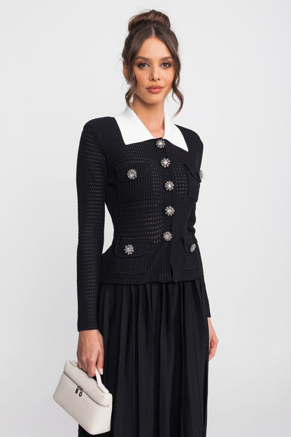Open Knit Cardigan & Pleated Midi Skirt Co-Ord Set | Women | Black | Steven & Levon