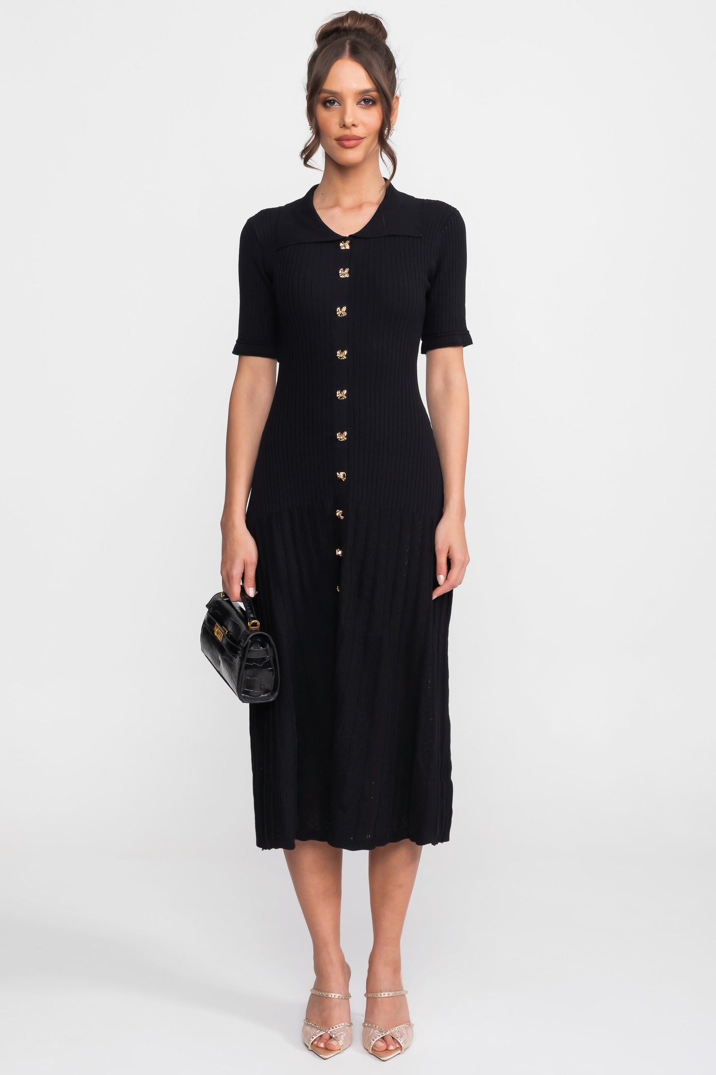 Ribbed Knit Midi Dress | Women | Peter Pan Collar | Pleated Skirt | Black | Steven & Levon
