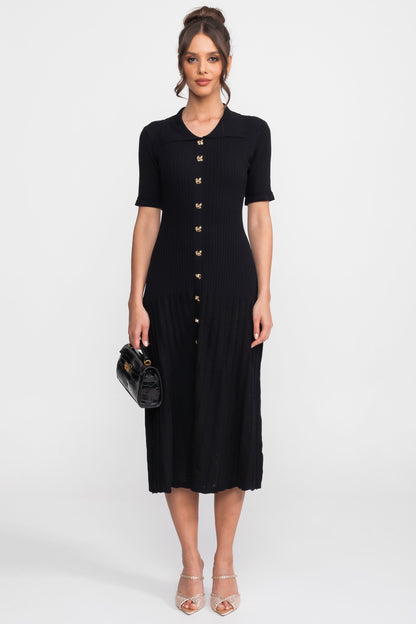 Ribbed Knit Midi Dress | Women | Peter Pan Collar | Pleated Skirt | Black | Steven & Levon