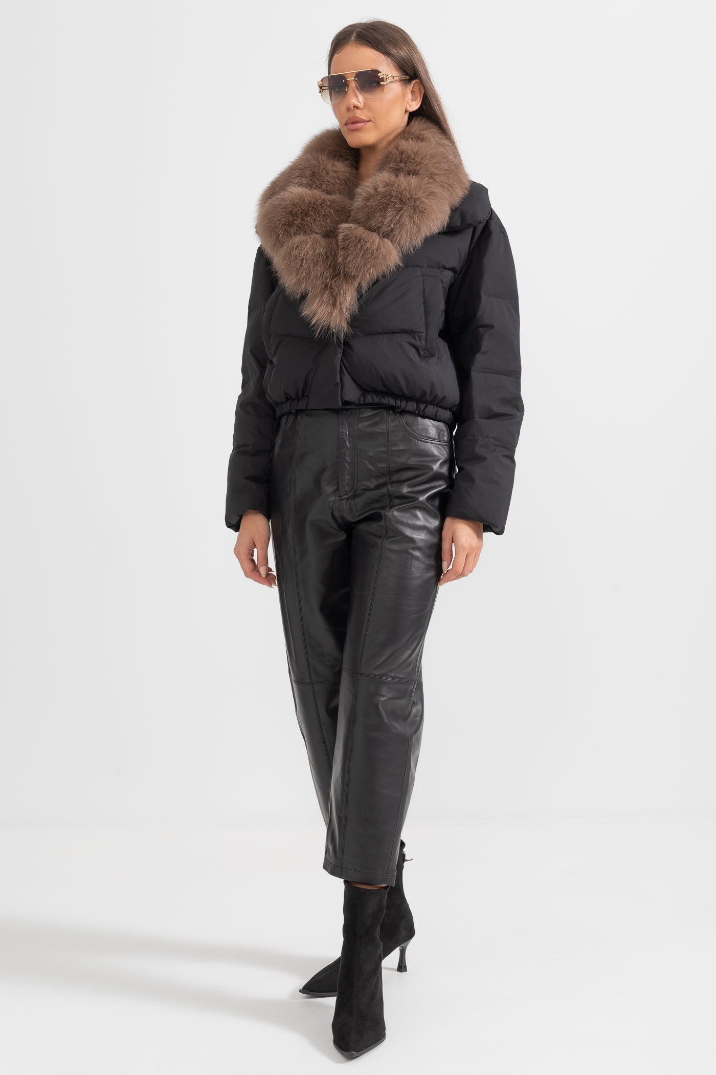 Puffer Jacket | Women's Quilted Winter Coat | Brown Fox Fur-Lined Hood, Black Insulated Outerwear | Steven & Levon