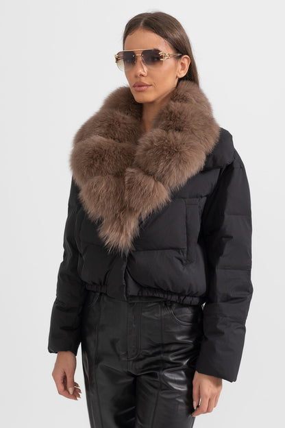 Puffer Jacket | Women's Quilted Winter Coat | Brown Fox Fur-Lined Hood, Black Insulated Outerwear | Steven & Levon