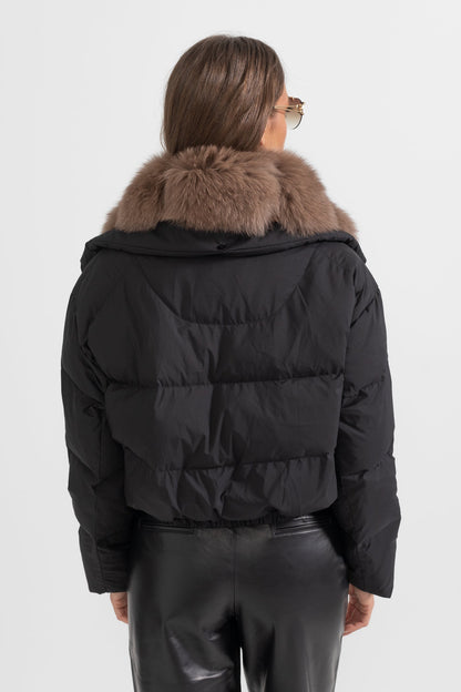Puffer Jacket | Women's Quilted Winter Coat | Brown Fox Fur-Lined Hood, Black Insulated Outerwear | Steven & Levon