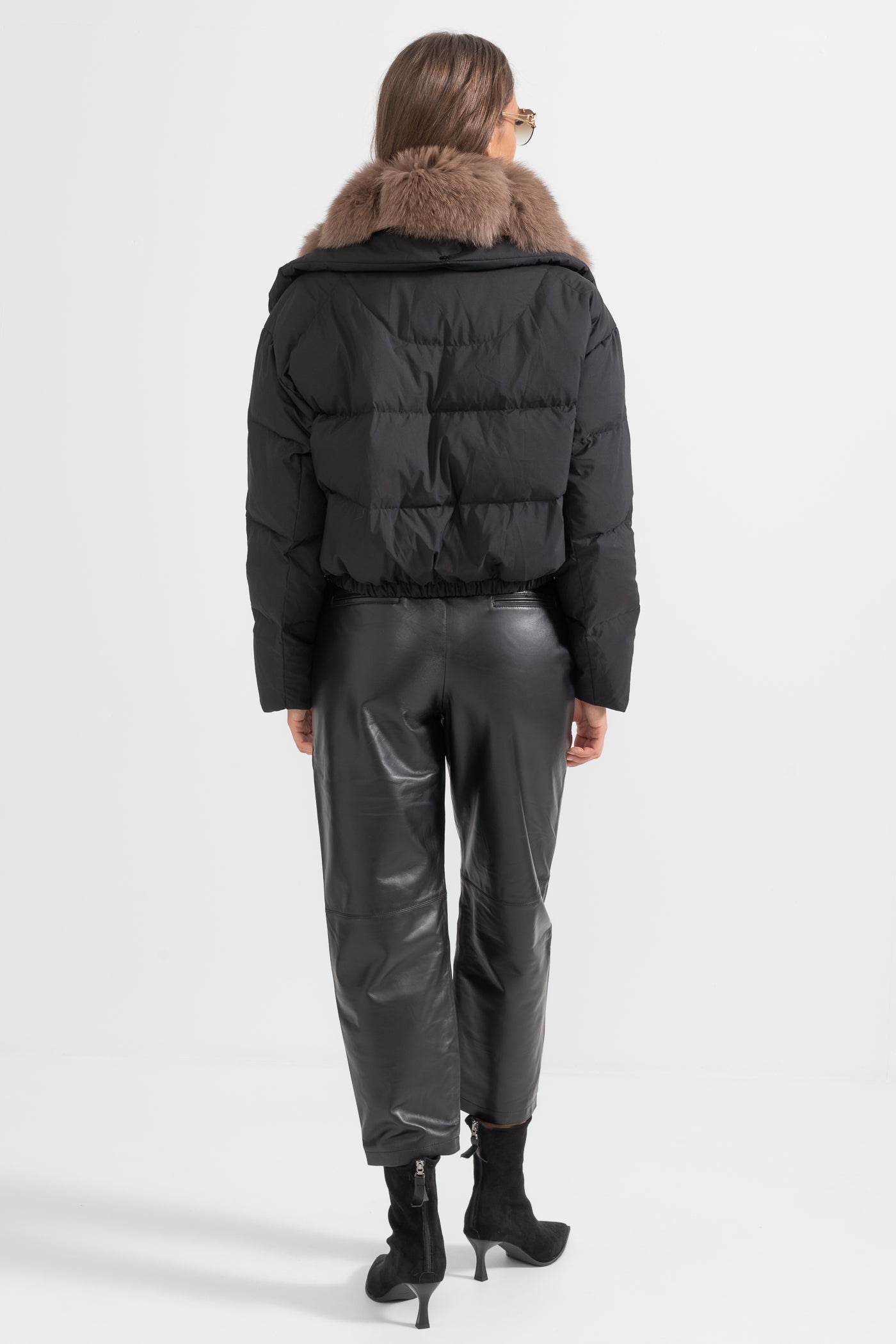 Puffer Jacket | Women's Quilted Winter Coat | Brown Fox Fur-Lined Hood, Black Insulated Outerwear | Steven & Levon