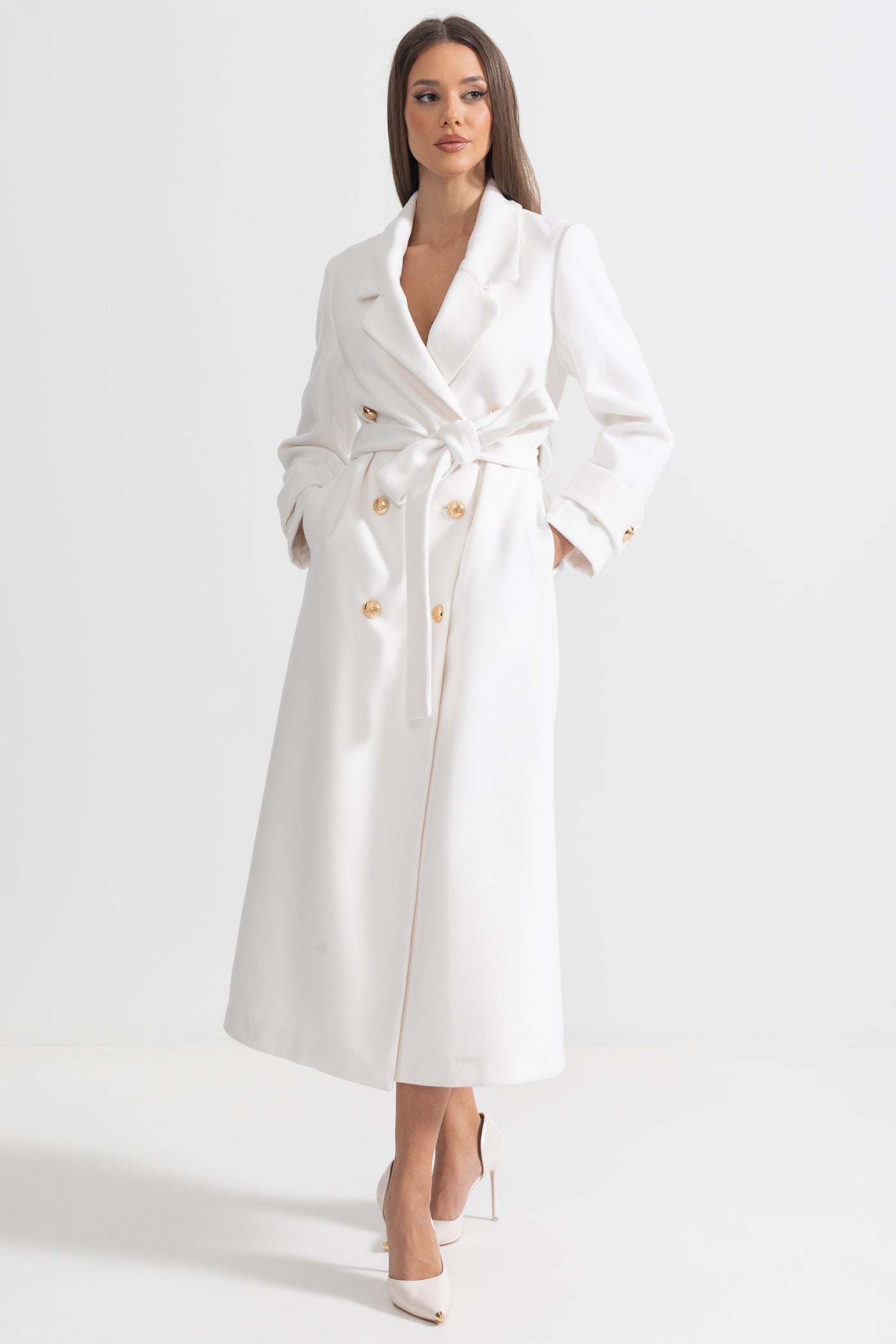 Long Coat | Women | Wide Lapel | Elegant Winter Overcoat | White | Steven & Levon