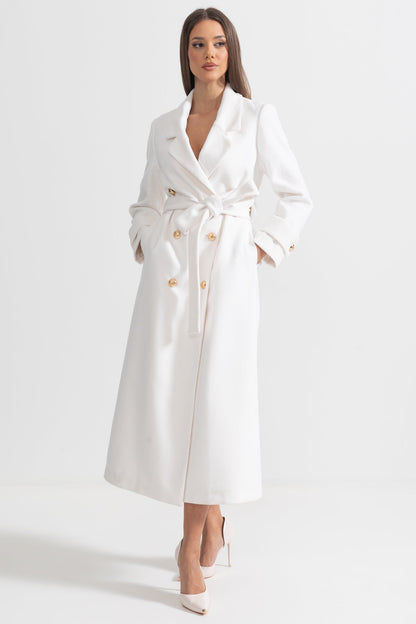 Long Coat | Women | Wide Lapel | Elegant Winter Overcoat | White | Steven & Levon