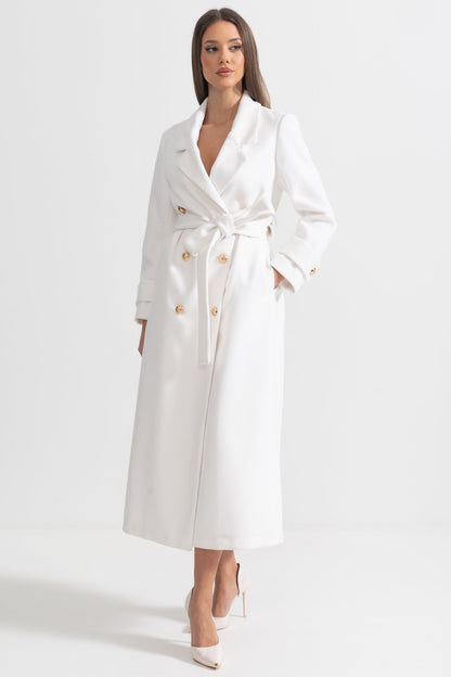 Long Coat | Women | Wide Lapel | Elegant Winter Overcoat | White | Steven & Levon
