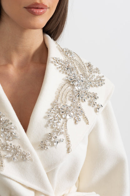 Cashmere Overcoat | Women's Wool & Cashmere Coat | Fox Fur Cuffs, 3D Floral Detail, Belted Ivory Midi Coat | Steven & Levon