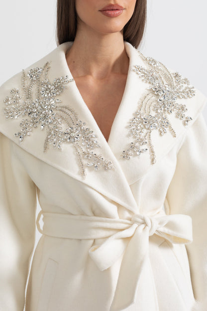 Cashmere Overcoat | Women's Wool & Cashmere Coat | Fox Fur Cuffs, 3D Floral Detail, Belted Ivory Midi Coat | Steven & Levon