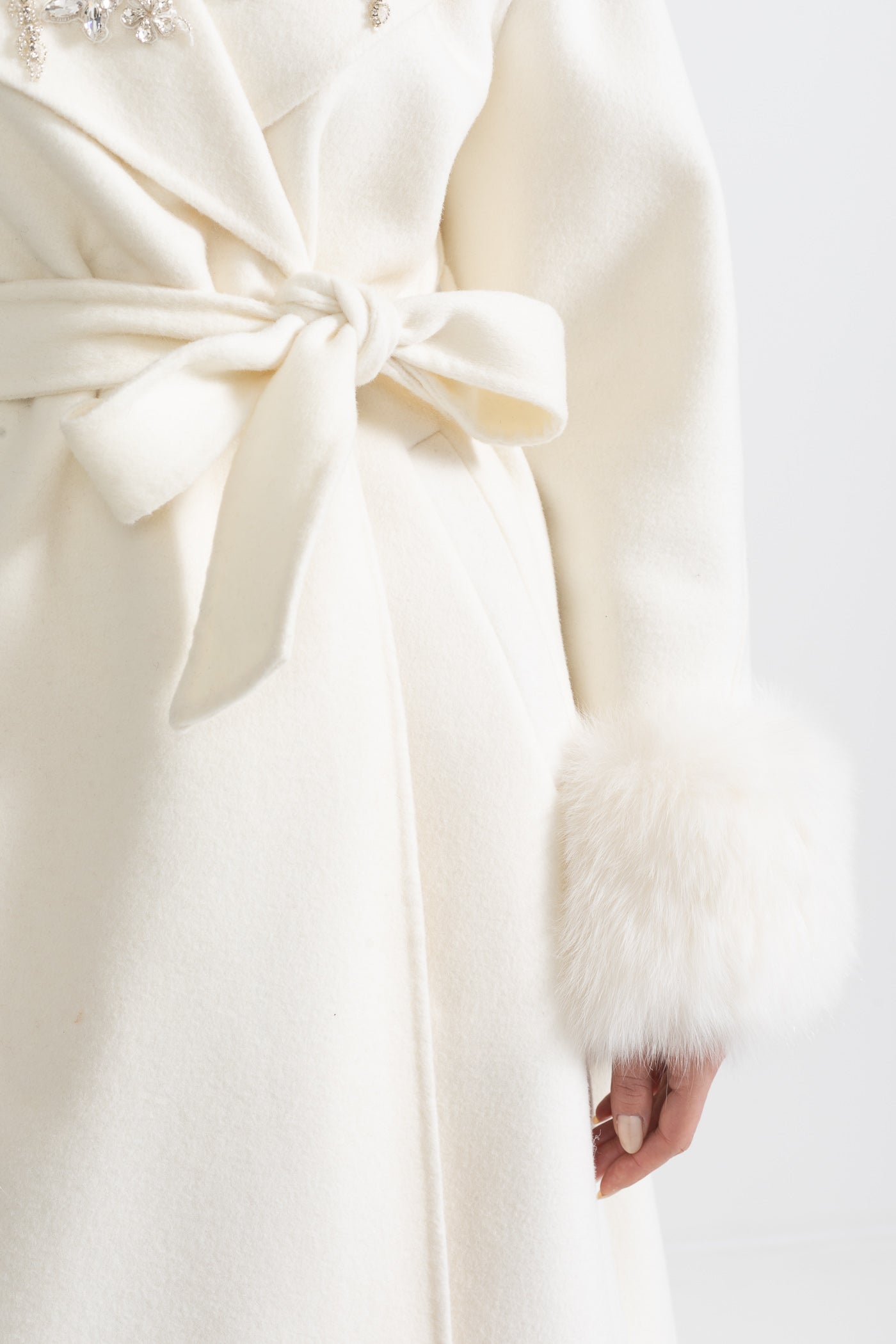 Cashmere Overcoat | Women's Wool & Cashmere Coat | Fox Fur Cuffs, 3D Floral Detail, Belted Ivory Midi Coat | Steven & Levon