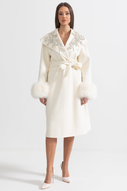 Cashmere Overcoat | Women's Wool & Cashmere Coat | Fox Fur Cuffs, 3D Floral Detail, Belted Ivory Midi Coat | Steven & Levon