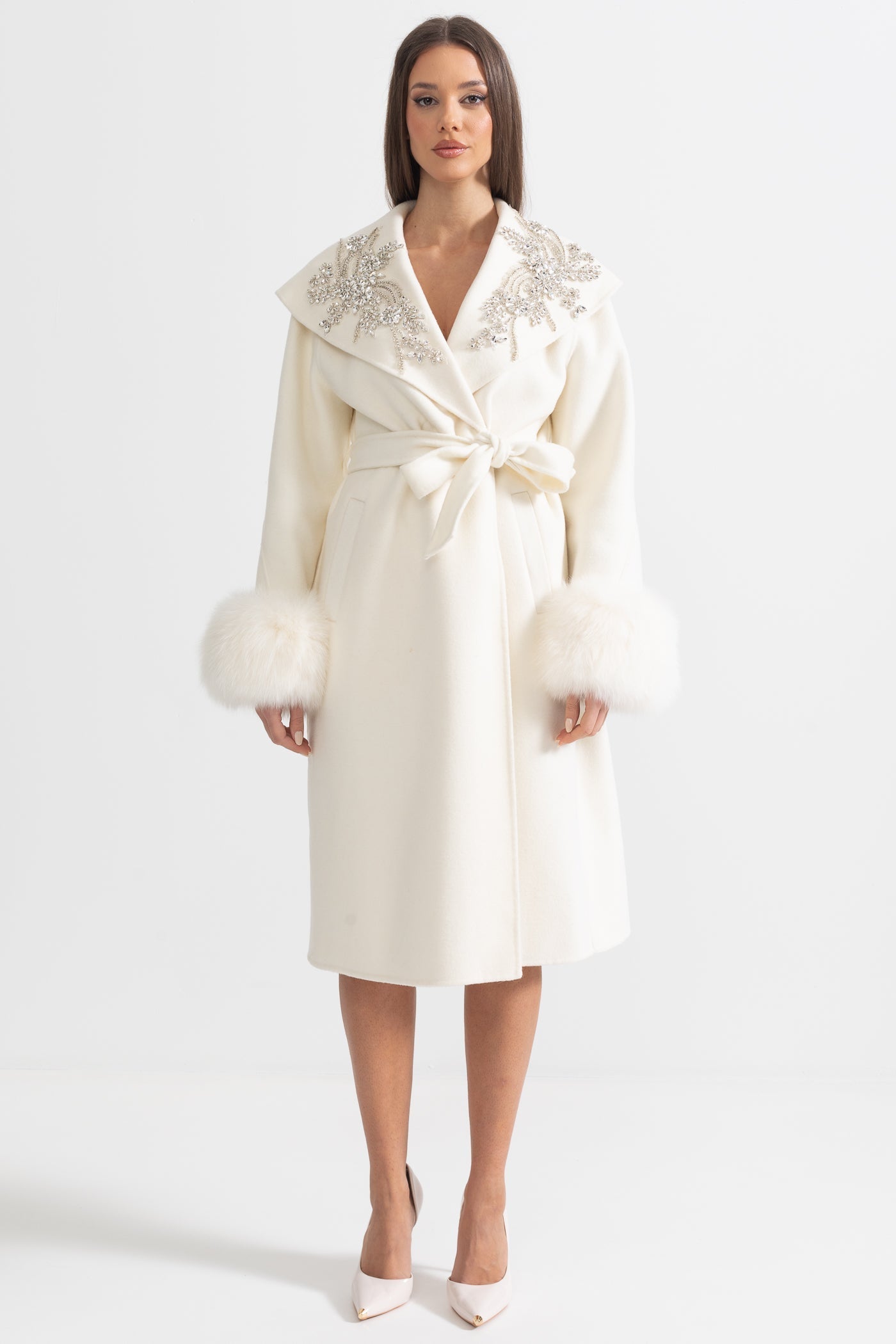Cashmere Overcoat | Women's Wool & Cashmere Coat | Fox Fur Cuffs, 3D Floral Detail, Belted Ivory Midi Coat | Steven & Levon