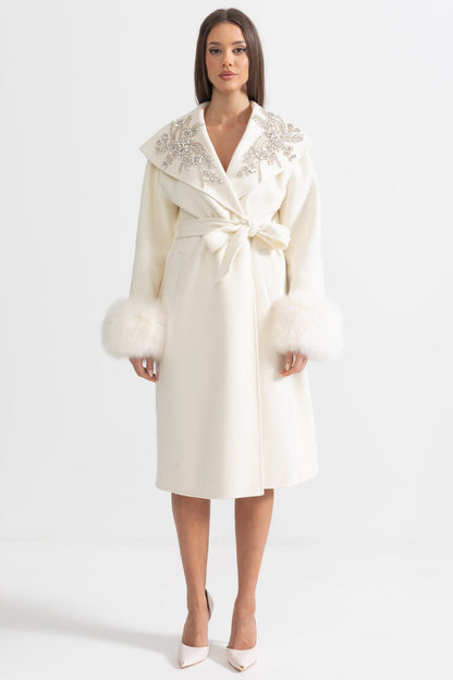Cashmere Overcoat | Women's Wool & Cashmere Coat | Fox Fur Cuffs, 3D Floral Detail, Belted Ivory Midi Coat | Steven & Levon