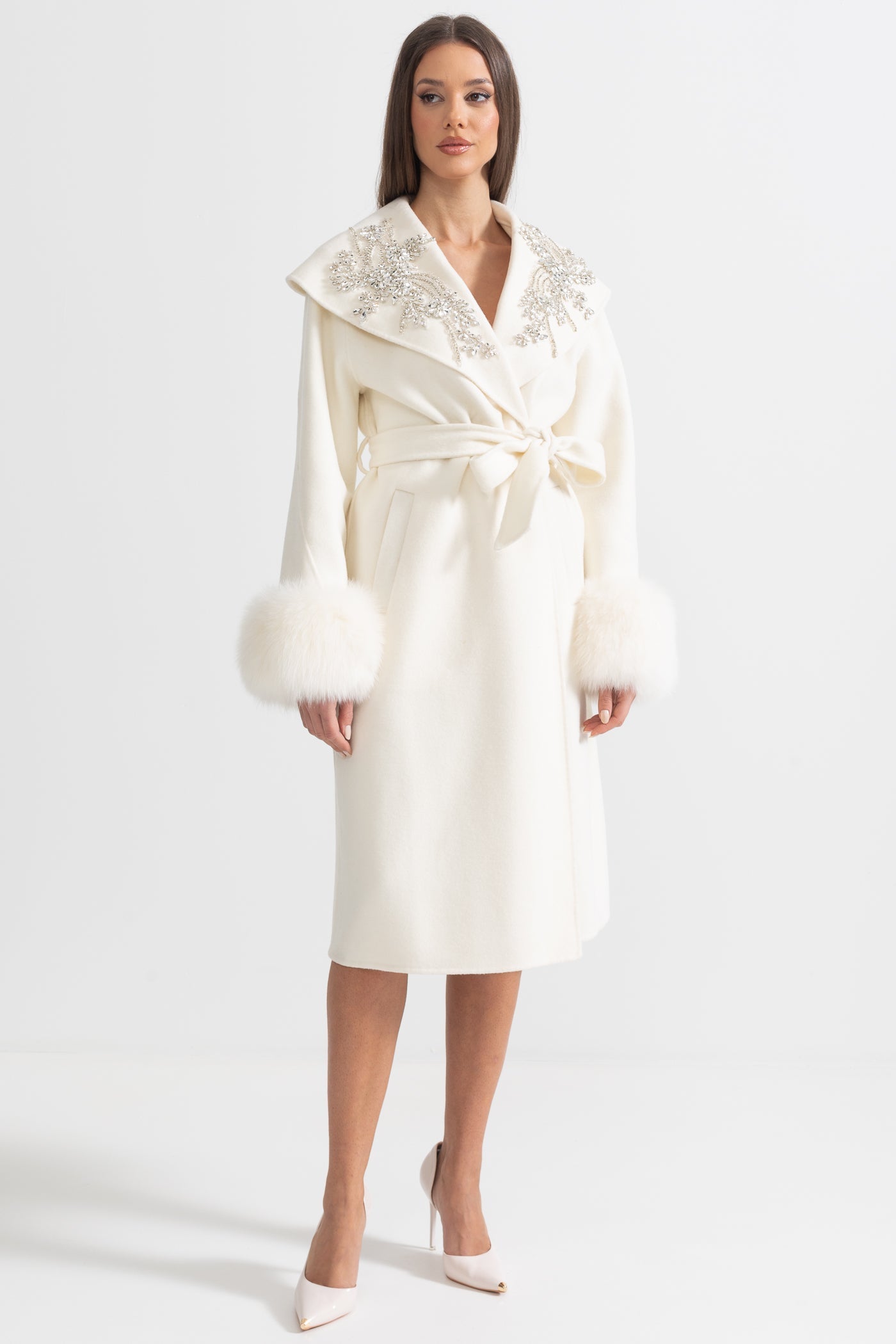 Cashmere Overcoat | Women's Wool & Cashmere Coat | Fox Fur Cuffs, 3D Floral Detail, Belted Ivory Midi Coat | Steven & Levon
