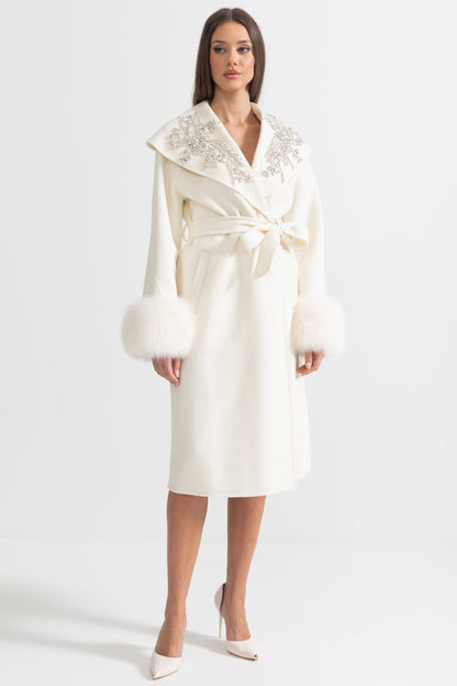 Cashmere Overcoat | Women's Wool & Cashmere Coat | Fox Fur Cuffs, 3D Floral Detail, Belted Ivory Midi Coat | Steven & Levon